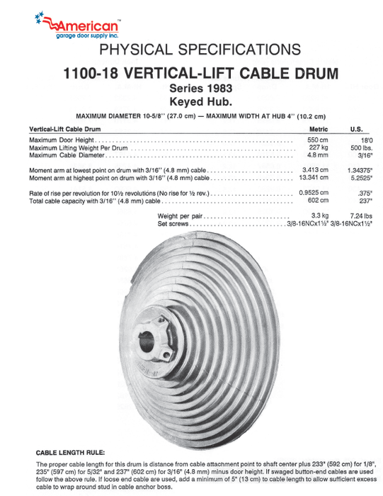 Commercial 1100-18 Cable Drum, Vertical Lift