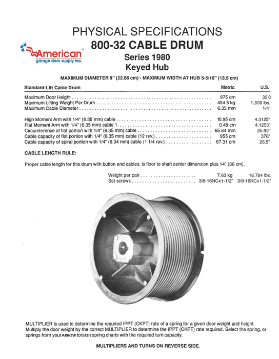 Commercial 800-32 Cable Drum, Std. Lift, Specialty Coated