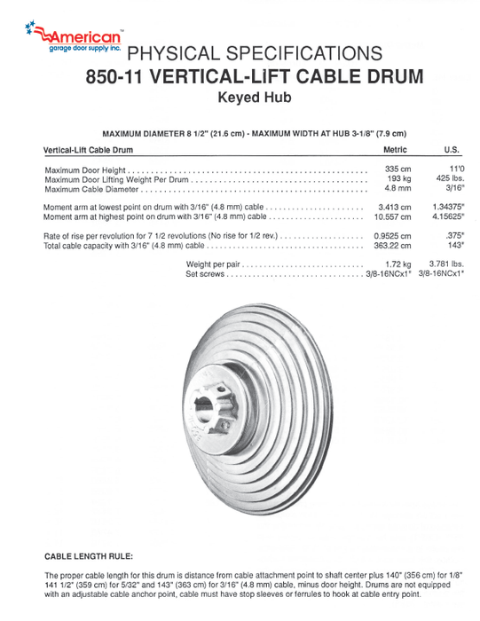 Commercial 850-11 Cable Drum, Vertical Lift