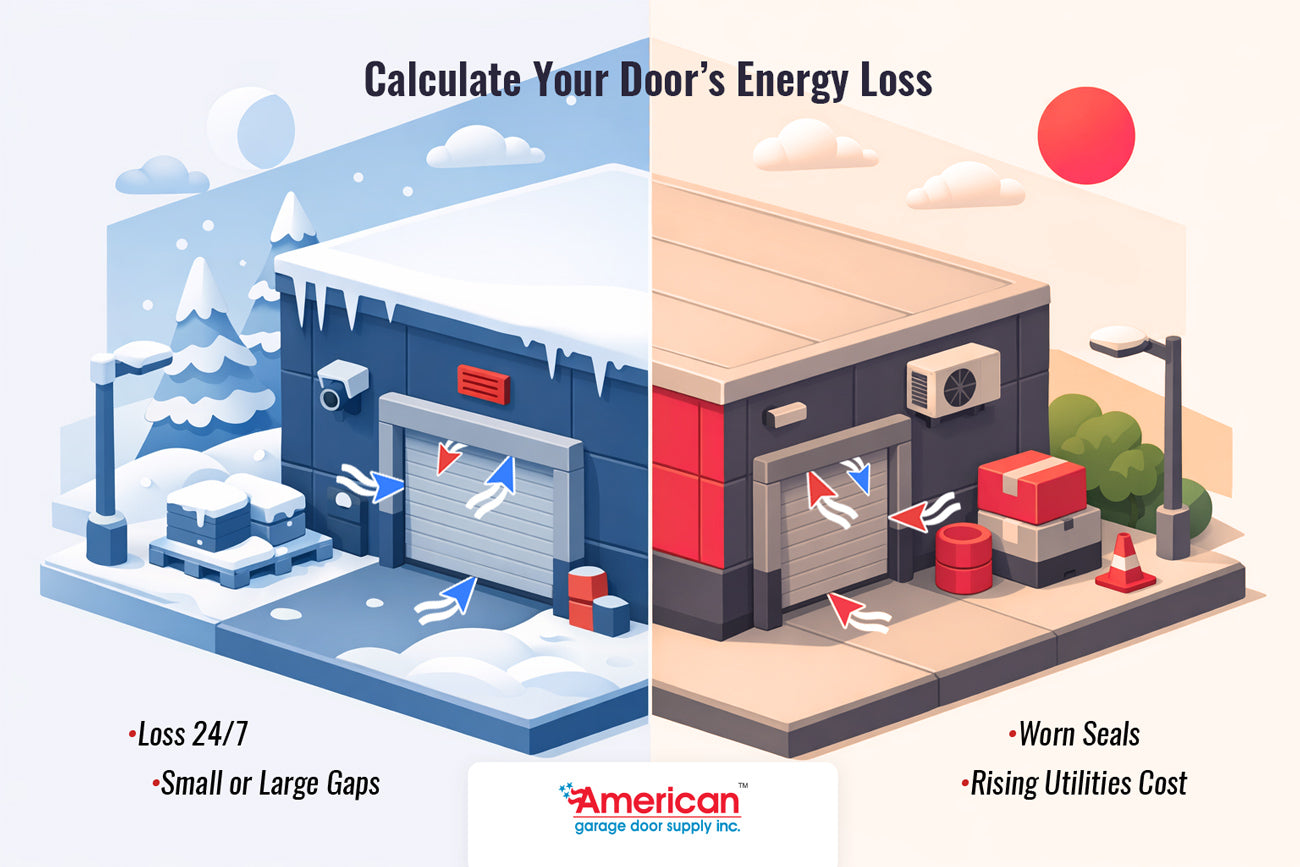 Illustration showing energy loss at location of overhead garage door gaps, during hot and cold climates.