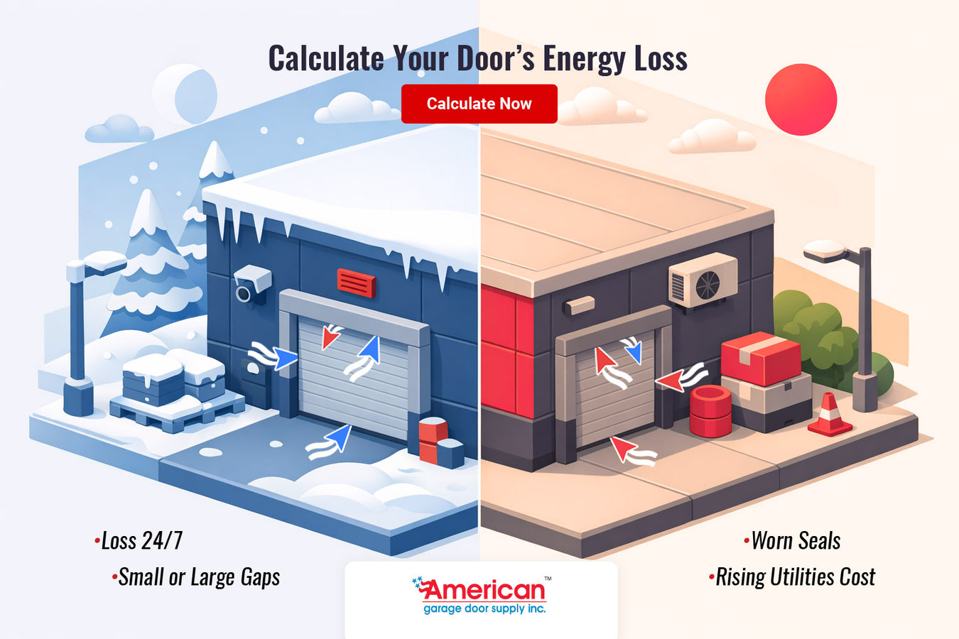 Illustration showing energy loss at location of overhead garage door gaps, during hot and cold climates.