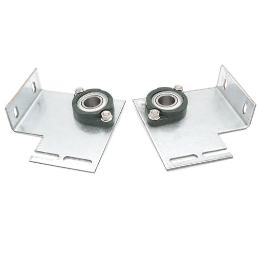 Two galvanized metal brackets with bearings.