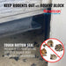 Rodent Block weatherseal with text and graphics of actual chewed bottom seal by rodents on a garage door.
