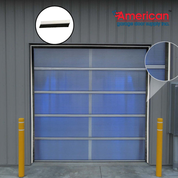 Blue garage door with yellow posts on a gray wall, featuring American Garage Door Supply logo.