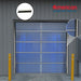 Blue garage door with yellow posts on a gray wall, featuring American Garage Door Supply logo.