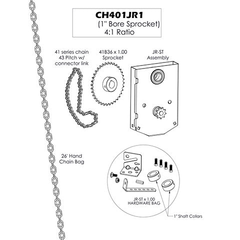 Chain Hoist, Shaft Mount, 4 to 1 Ratio, Chain Sprocket Drive, 1" Bore, JR ST