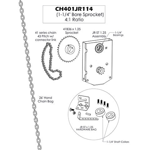 Chain Hoist, Shaft Mount, 4 to 1 Ratio, Chain Sprocket Drive, 1-1/4" Bore, JR ST