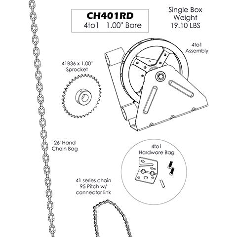 Chain Hoist, Wall Mount, 4 to 1 Ratio, Chain/Sprocket Drive, 1" Bore