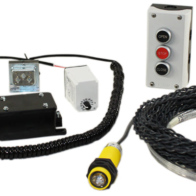 Electrical opener controls, switches, wiring, and photo eyes for overhead doors