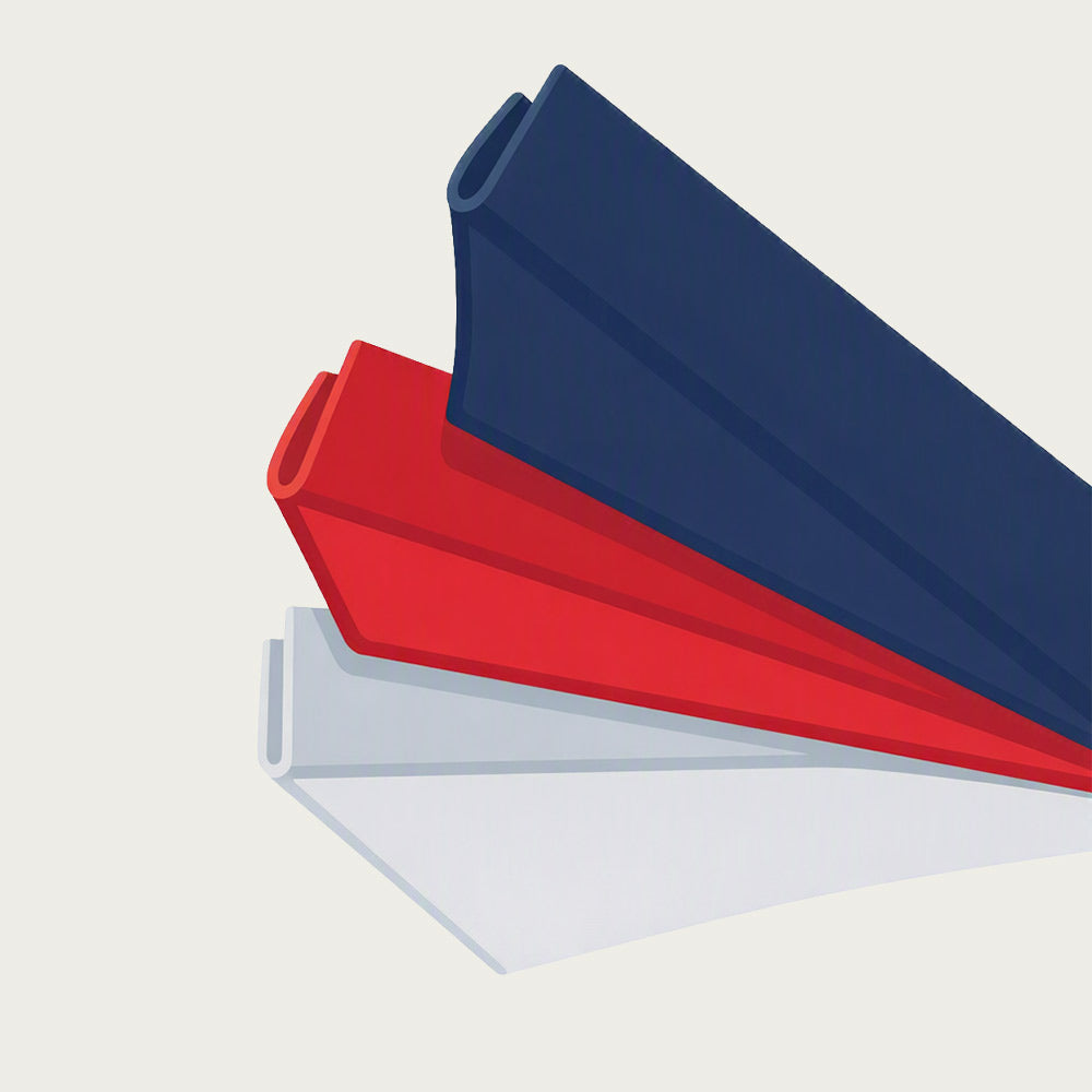 Stylized graphic of three garage door perimeter weatherstrip products for collection